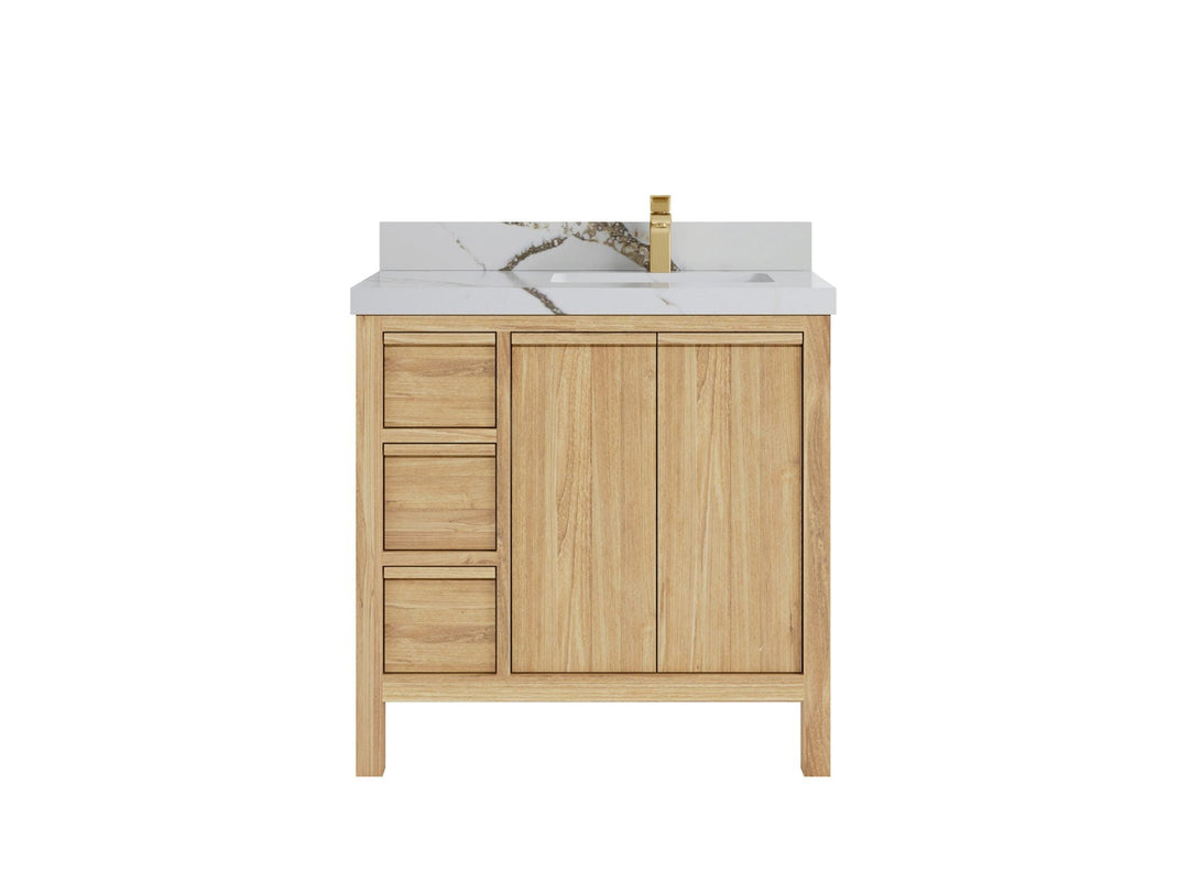 Elizabeth Teak 36 Right Offset in. W x 22 in. D Single Sink Bathroom Vanity in Light Natural with 2 in Calacatta Gold Quartz Countertop