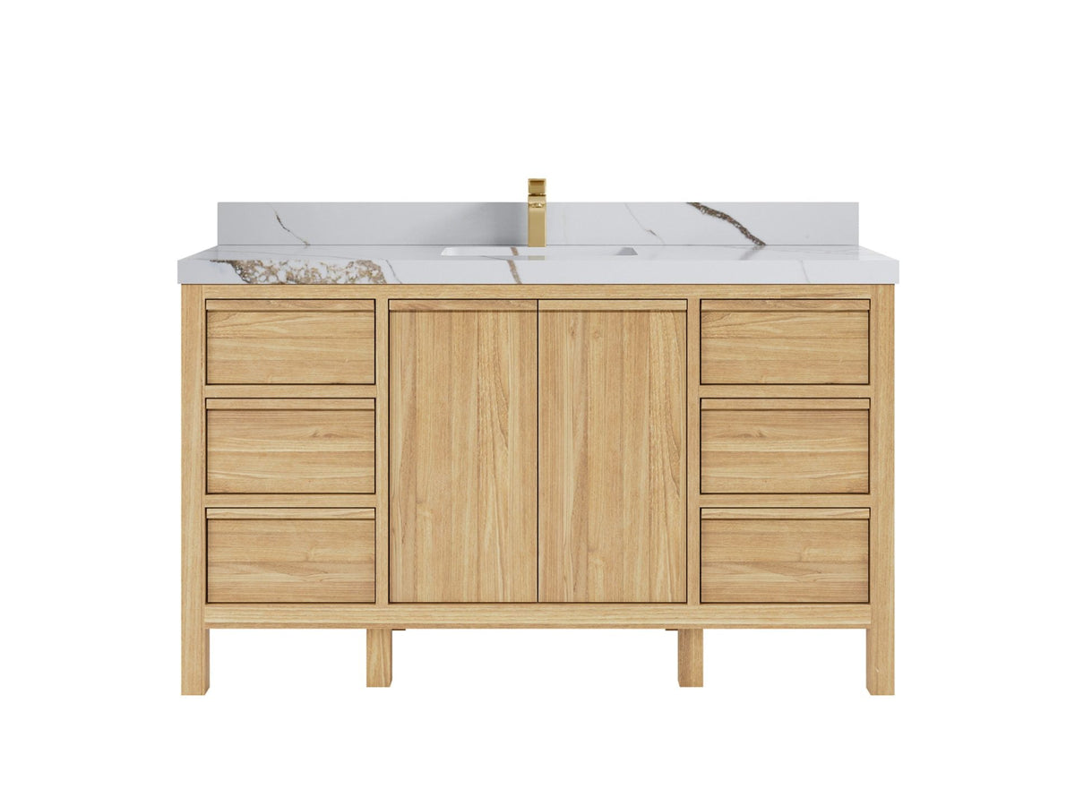 Elizabeth Teak 60 in. W x 22 in. D Single Sink Bathroom Vanity in Light Natural with 2 in Calacatta Gold Quartz Countertop