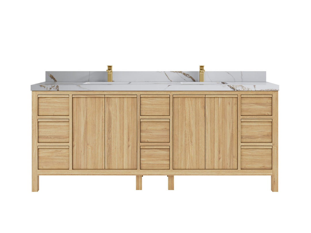 Elizabeth Teak 84 in. W x 22 in. D Double Sink Bathroom Vanity in Light Natural with 2 in Calacatta Gold Quartz Countertop