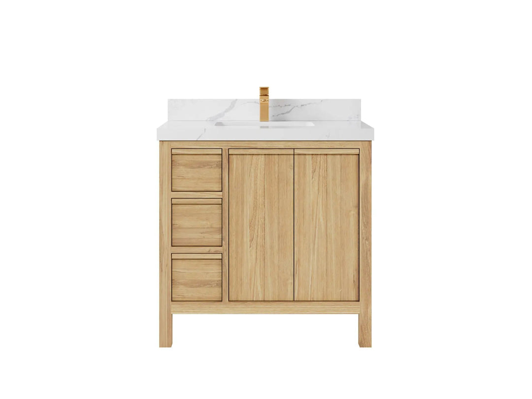Elizabeth Teak 36 Right Offset in. W x 22 in. D Center Sink Bathroom Vanity in Light Natural with 2 in Calacatta Laza Quartz Countertop