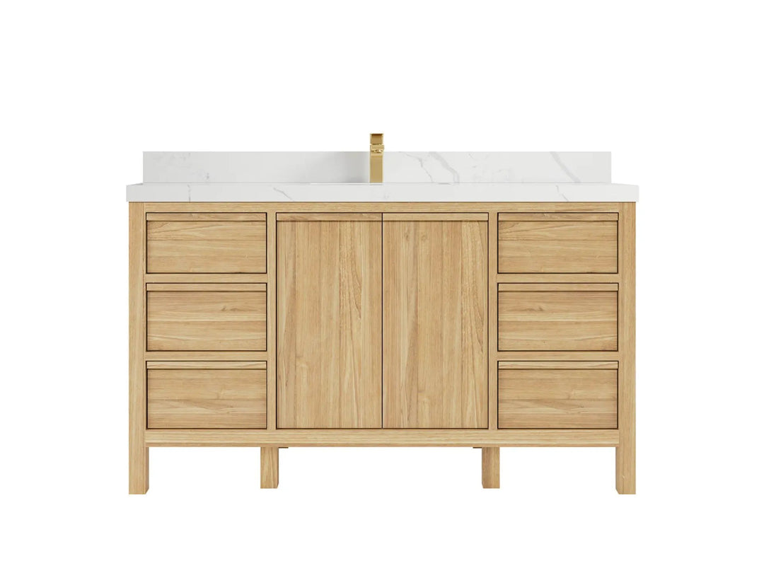 Elizabeth Teak 60 in. W x 22 in. D Single Sink Bathroom Vanity in Light Natural with 2 in Calacatta Laza Quartz Countertop