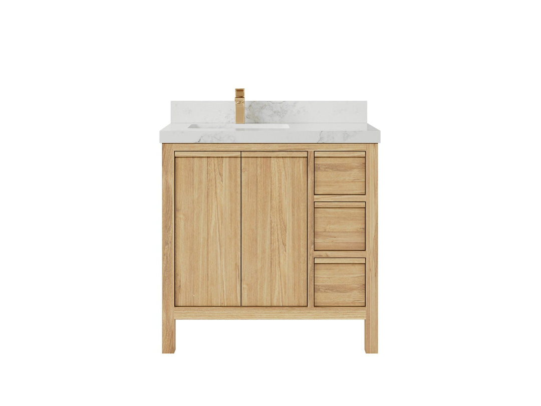Elizabeth Teak 36 Left Offset in. W x 22 in. D Single Sink Bathroom Vanity in Light Natural with 2 in Calacatta Laza Quartz Countertop