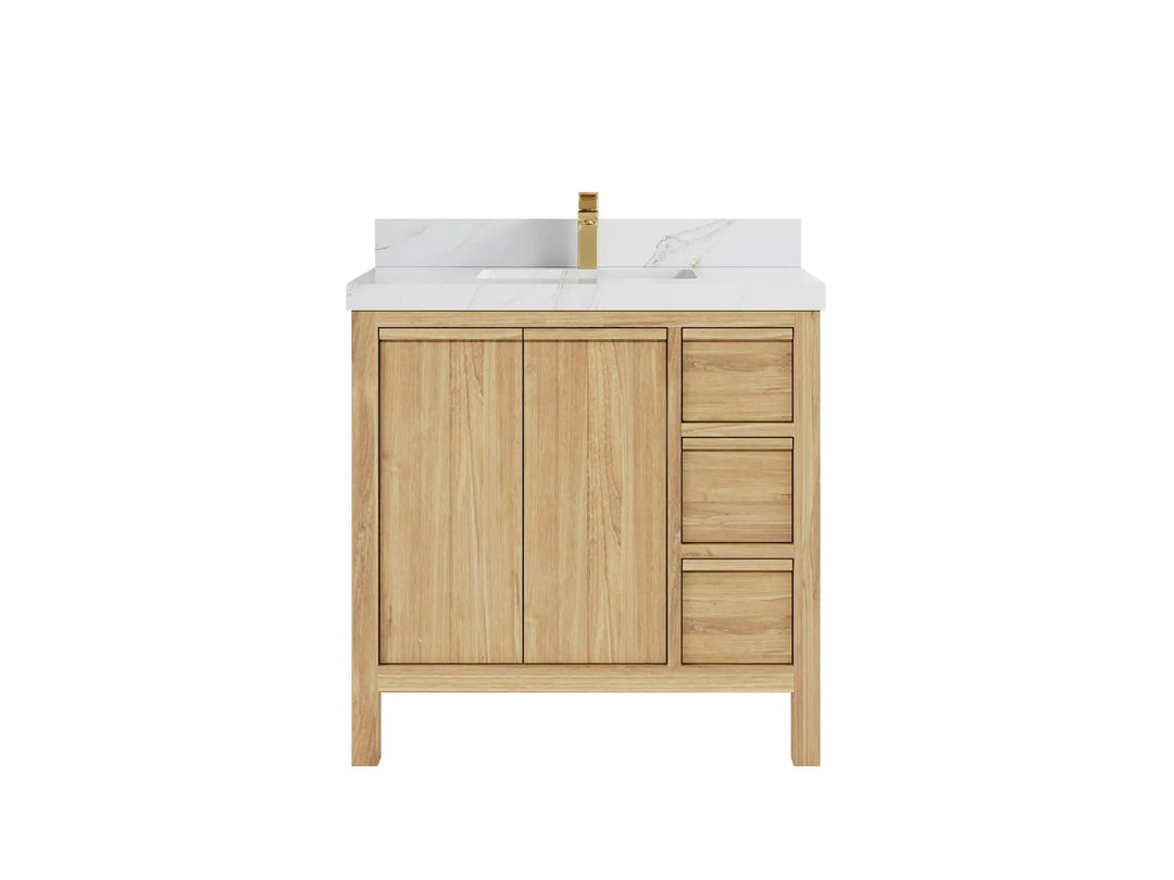 Elizabeth Teak 36 Left Offset in. W x 22 in. D Center Sink Bathroom Vanity in Light Natural with 2 in Calacatta Sienna Quartz Countertop