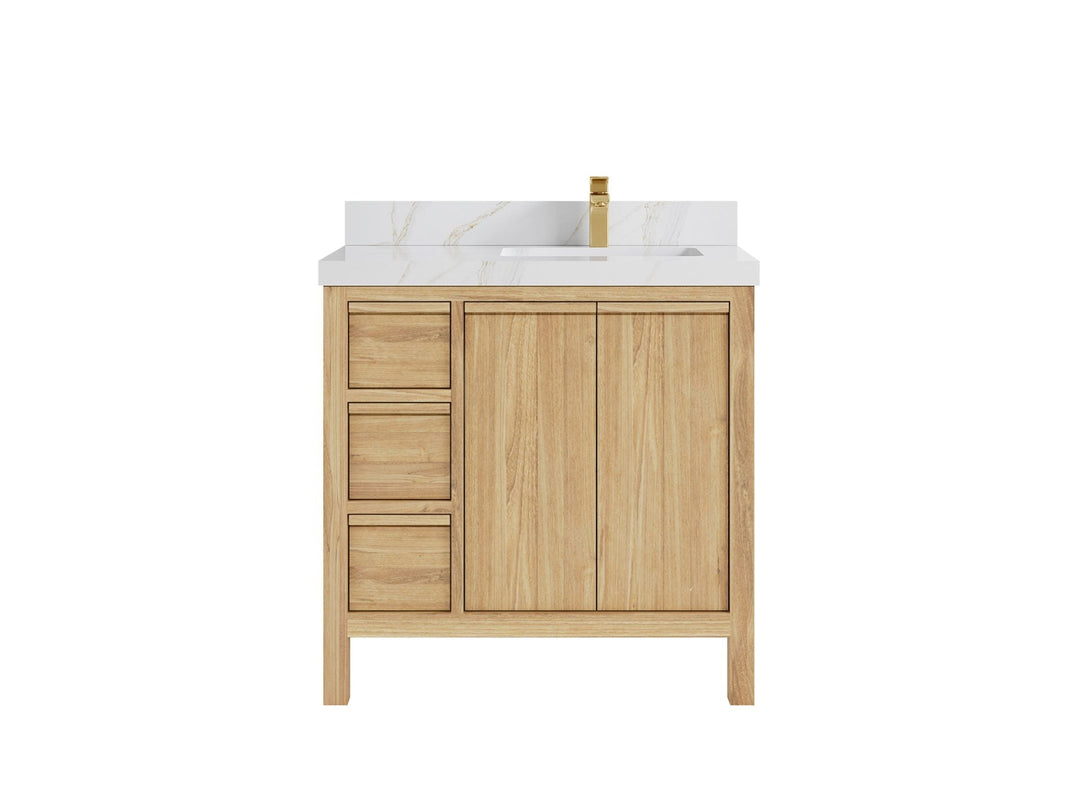Elizabeth Teak 36 Right Offset in. W x 22 in. D Single Sink Bathroom Vanity in Light Natural with 2 in Calacatta Sienna Quartz Countertop