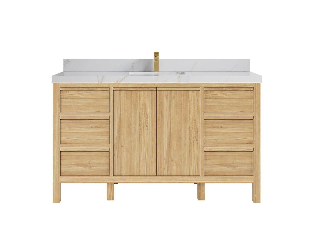 Elizabeth Teak 60 in. W x 22 in. D Single Sink Bathroom Vanity in Light Natural with 2 in Calacatta Sienna Quartz Countertop