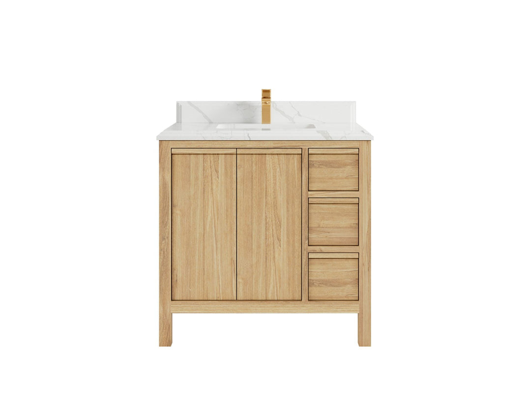 Elizabeth Teak 36 Left Offset in. W x 22 in. D Center Sink Bathroom Vanity in Light Natural with 1.5 in Double Cove Edge Calacatta Laza Quartz Countertop 