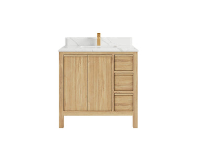 Elizabeth Teak 36 Left Offset in. W x 22 in. D Center Sink Bathroom Vanity in Light Natural with 1.5 in Double Cove Edge Calacatta Laza Quartz Countertop