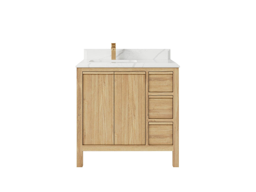 Elizabeth Teak 36 Left Offset in. W x 22 in. D Single Sink Bathroom Vanity in Light Natural with 2 in Carrara Quartz Countertop