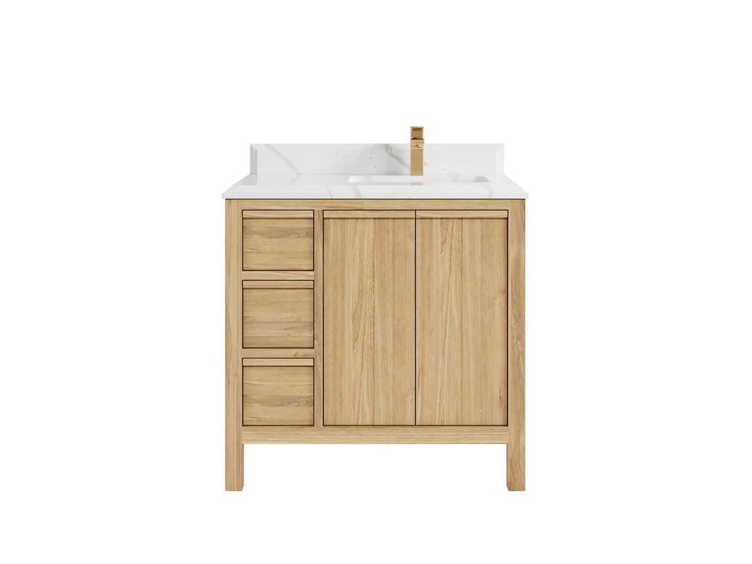 Elizabeth Teak 36 Right Offset in. W x 22 in. D Single Sink Bathroom Vanity in Light Natural with 1.5 in Double Cove Edge Calacatta Laza Quartz Countertop 