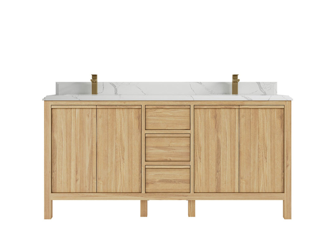 Elizabeth Teak 72 in. W x 22 in. D Double Sink Bathroom Vanity in Light Natural with 1.5 in Double Cove Edge Calacatta Laza Quartz Countertop 