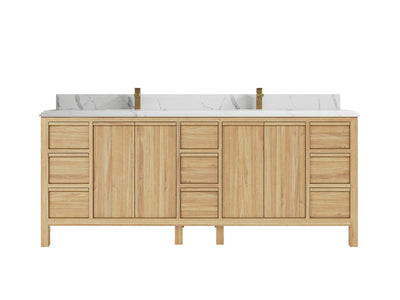 Elizabeth Teak 84 in. W x 22 in. D Double Sink Bathroom Vanity in Light Natural with 1.5 in Double Cove Calacatta Laza Quartz Countertop
