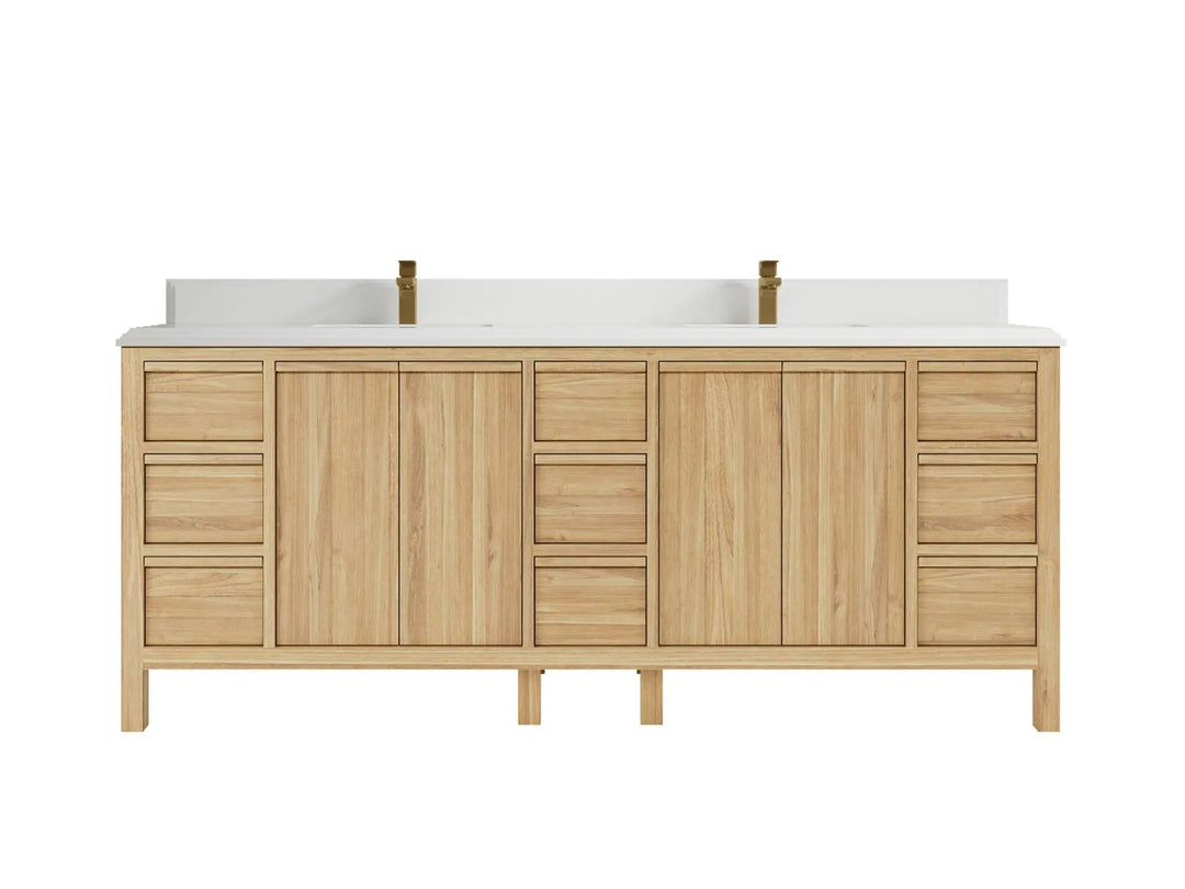 Elizabeth Teak 84 in. W x 22 in. D Double Sink Bathroom Vanity in Light Natural with 1.5 in Double Cove White Quartz Countertop