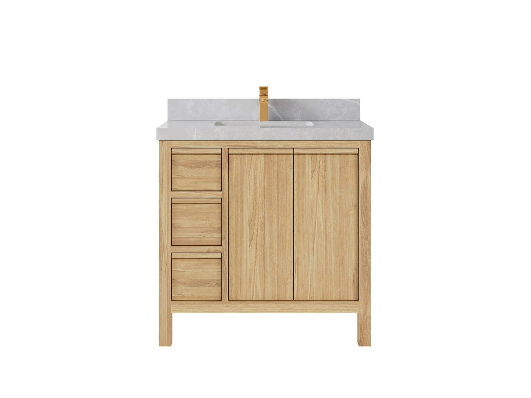 Elizabeth Teak 36 Right Offset in. W x 22 in. D Center Sink Bathroom Vanity in Light Natural with 2 in Pearl Light Gray Quartz Countertop
