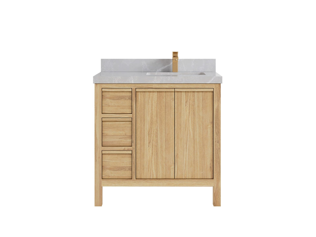 Elizabeth Teak 36 Right Offset in. W x 22 in. D Single Sink Bathroom Vanity in Light Natural with 2 in Pearl Light Gray Quartz Countertop