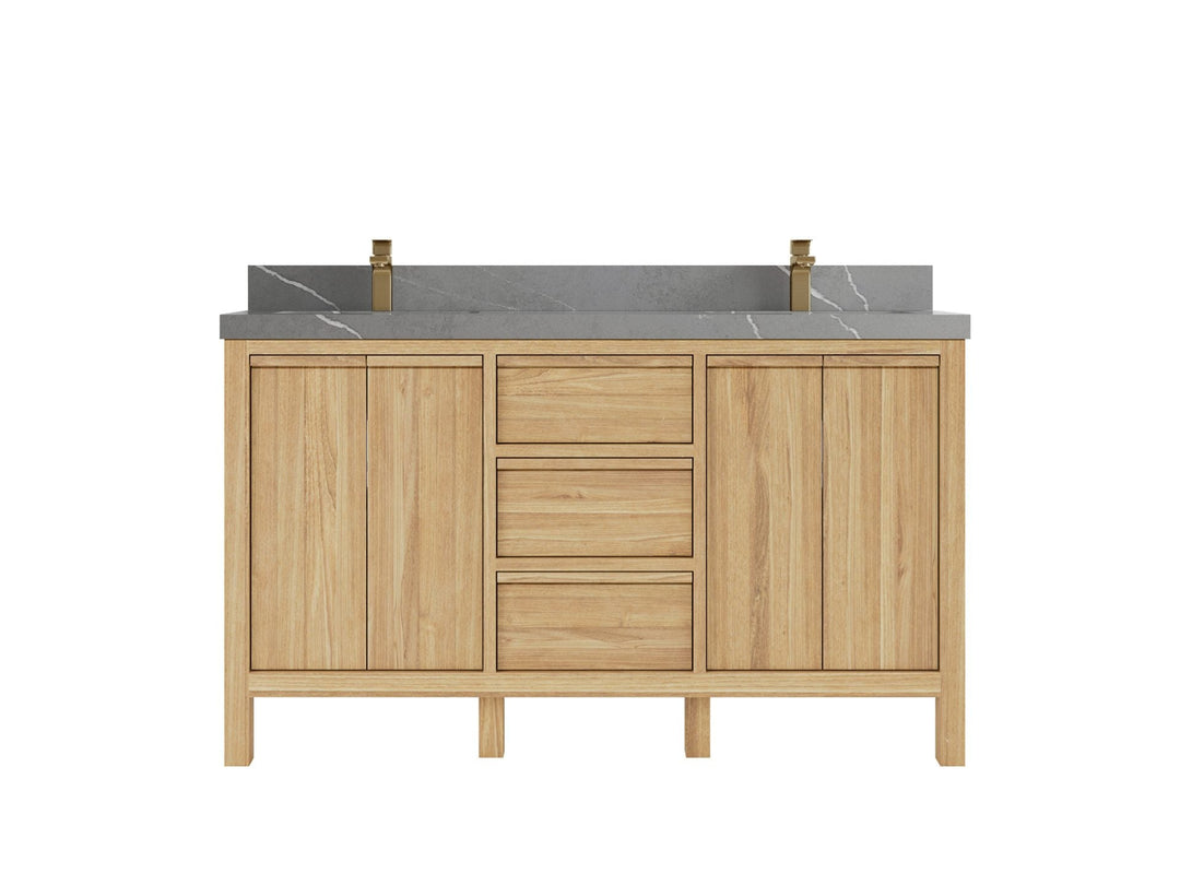 Elizabeth Teak 60 in. W x 22 in. D Double Sink Bathroom Vanity in Light Natural with 2 in Piatra Gray Quartz Countertop