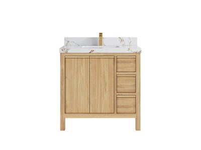 Elizabeth Teak 36 Left Offset in. W x 22 in. D Center Sink Bathroom Vanity in Light Natural with 2 in Viola Gold Quartz Countertop