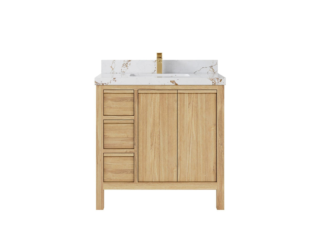Elizabeth Teak 36 Right Offset in. W x 22 in. D Center Sink Bathroom Vanity in Light Natural with 2 in Viola Gold Quartz Countertop