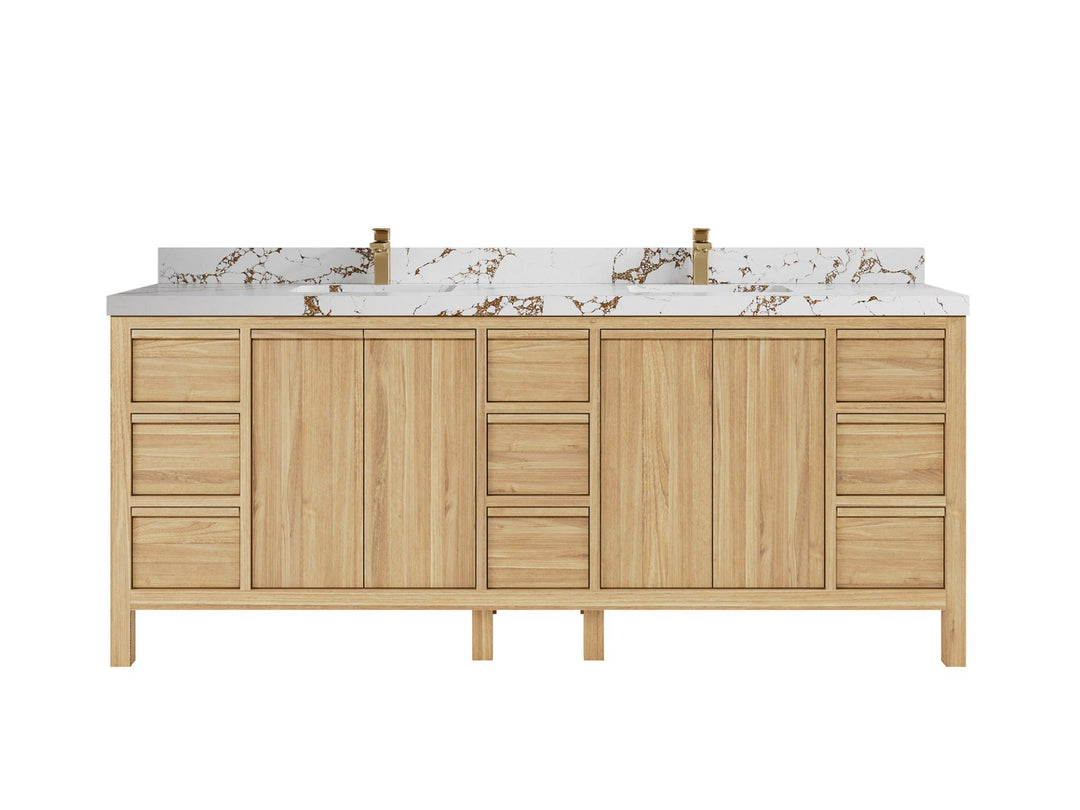 Elizabeth Teak 84 in. W x 22 in. D Double Sink Bathroom Vanity in Light Natural with 2 in Viola Brown Quartz Countertop