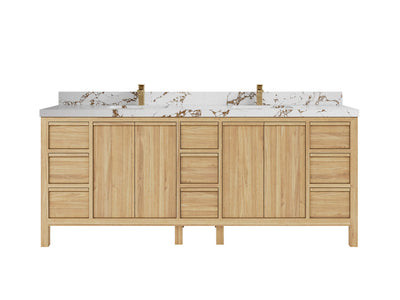 Elizabeth Teak 84 in. W x 22 in. D Double Sink Bathroom Vanity in Light Natural with 2 in Viola Brown Quartz Countertop
