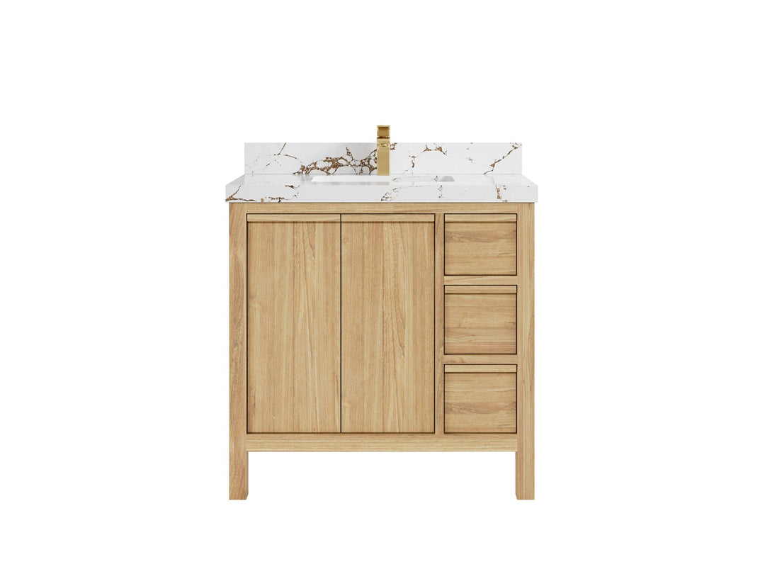 Elizabeth Teak 36 Left Offset in. W x 22 in. D Center Sink Bathroom Vanity in Light Natural with 2 in Viola Brown Quartz Countertop