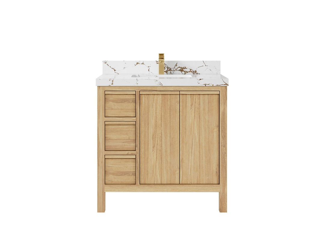 Elizabeth Teak 36 Right Offset in. W x 22 in. D Center Sink Bathroom Vanity in Light Natural with 2 in Viola Brown Quartz Countertop