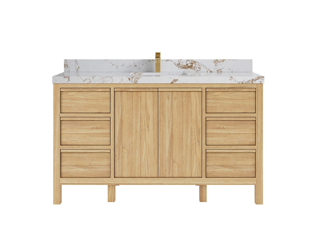 Elizabeth Teak 60 in. W x 22 in. D Single Sink Bathroom Vanity in Light Natural with 2 in Viola Gold Quartz  Countertop