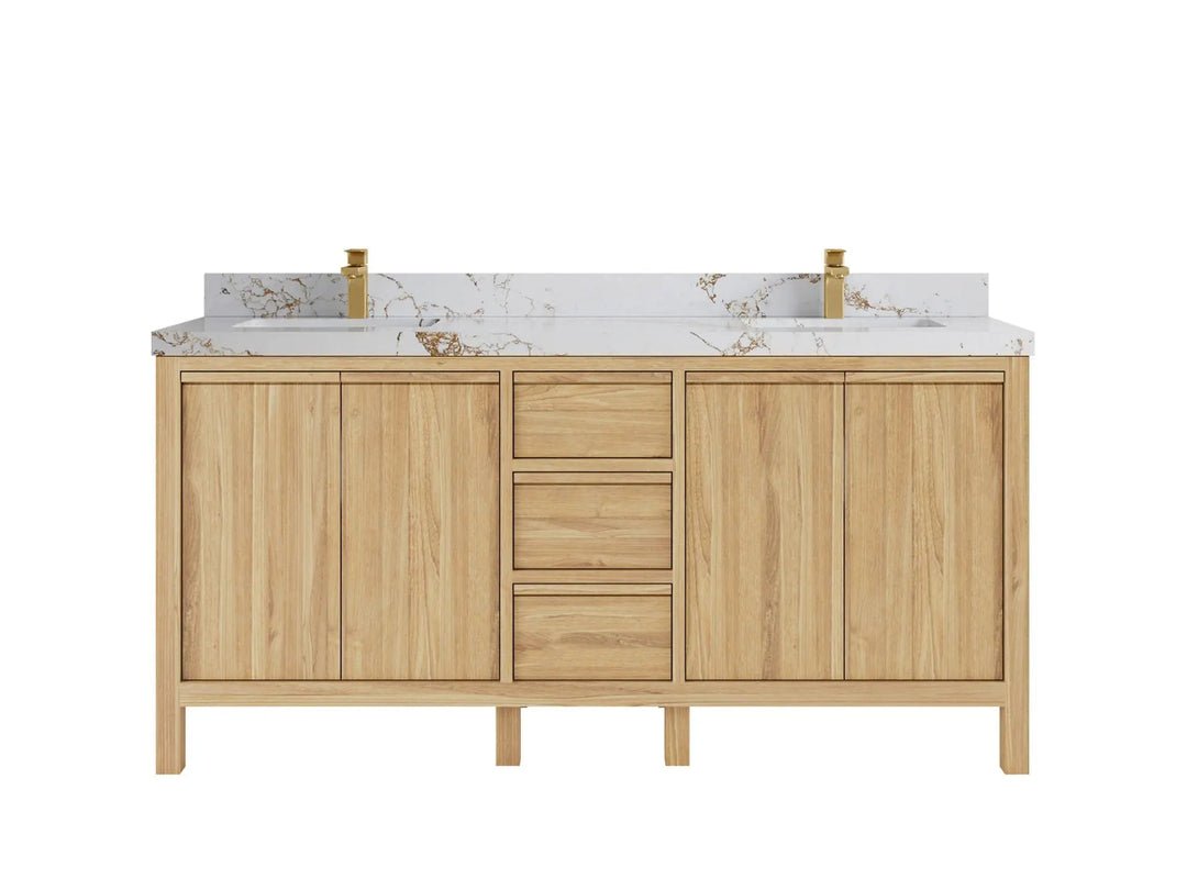 Elizabeth Teak 72 in. W x 22 in. D Double Sink Bathroom Vanity in Light Natural with 2 in Viola Gold Quartz Countertop