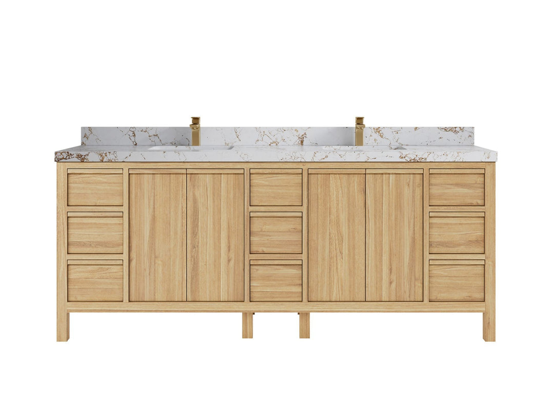 Elizabeth Teak 84 in. W x 22 in. D Double Sink Bathroom Vanity in Light Natural with 2 in Viola Gold Quartz Countertop