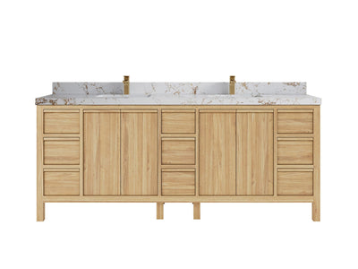Elizabeth Teak 84 in. W x 22 in. D Double Sink Bathroom Vanity in Light Natural with 2 in Viola Gold Quartz Countertop