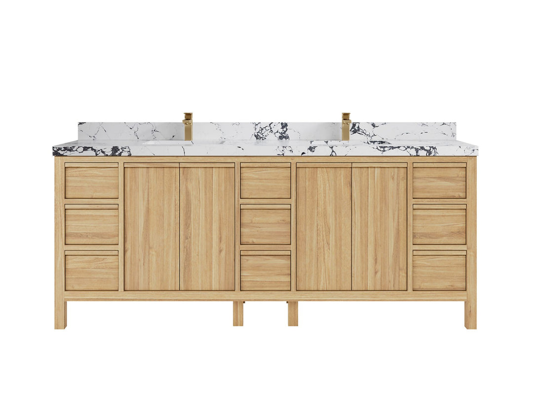 Elizabeth Teak 84 in. W x 22 in. D Double Sink Bathroom Vanity in Light Natural with 2 in Viola Night Quartz Countertop