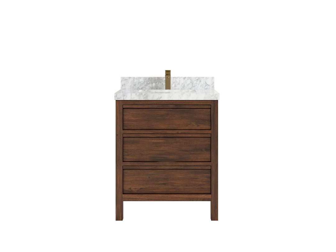 Elizabeth Teak 30 in. W x 22 in. D Single Sink Bathroom Vanity in Dark Walnut with 2 in Carrara Marble Countertop