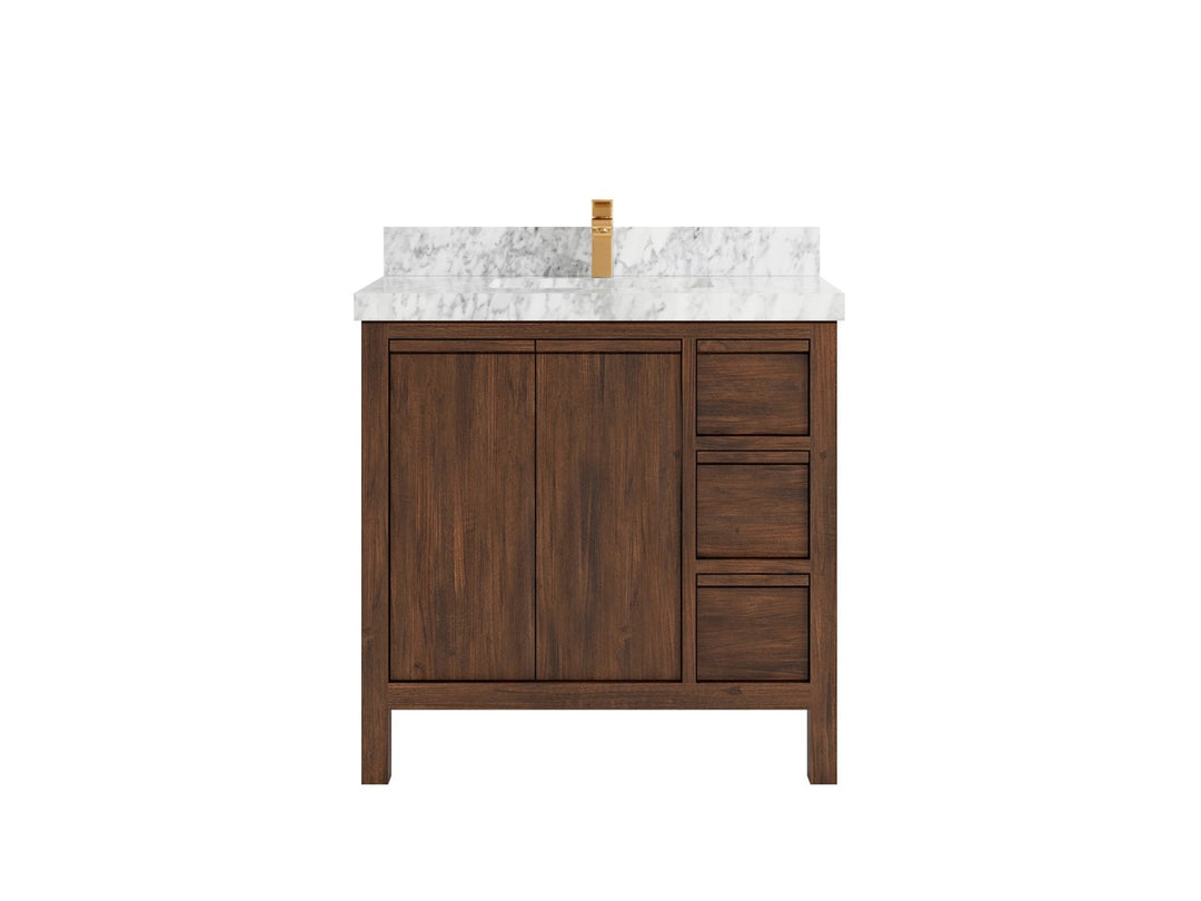 Elizabeth Teak 36 Left Offset in. W x 22 in. D Center Sink Bathroom Vanity in Dark Walnut with 2 in Carrara Marble Countertop