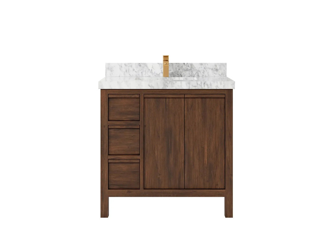 Elizabeth Teak 36 Right Offset in. W x 22 in. D Center Sink Bathroom Vanity in Dark Walnut with 2 in Carrara Marble Countertop