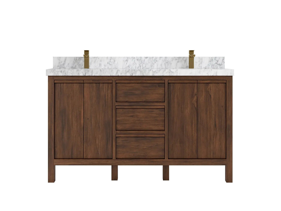 Elizabeth Teak 60 in. W x 22 in. D Double Sink Bathroom Vanity in Dark Walnut with 2 in Carrara Marble Countertop