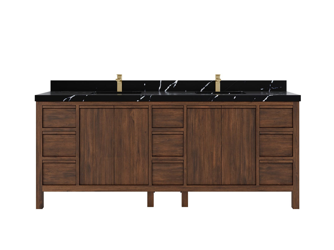 Elizabeth Teak 84 in. W x 22 in. D Double Sink Bathroom Vanity in Dark Walnut with 2 in Calacatta Black Quartz Countertop