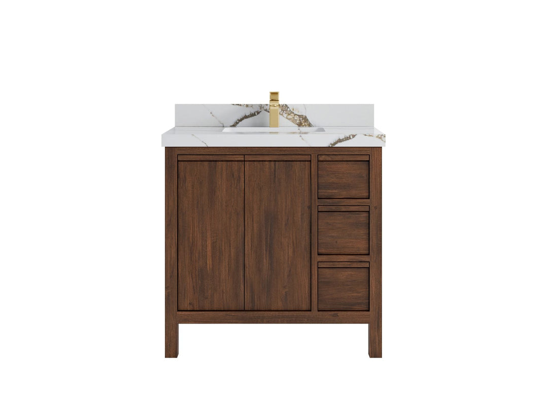 Elizabeth Teak 36 Left Offset in. W x 22 in. D Center Sink Bathroom Vanity in Dark Walnut with 2 in Calacatta Gold Quartz Countertop