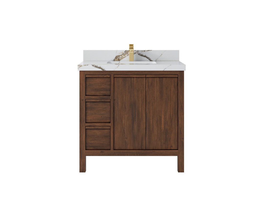 Elizabeth Teak 36 Right Offset in. W x 22 in. D Center Sink Bathroom Vanity in Dark Walnut with 2 in Calacatta Gold Quartz Countertop