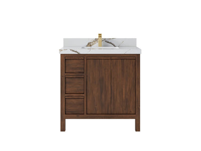 Elizabeth Teak 36 Right Offset in. W x 22 in. D Center Sink Bathroom Vanity in Dark Walnut with 2 in Calacatta Gold Quartz Countertop