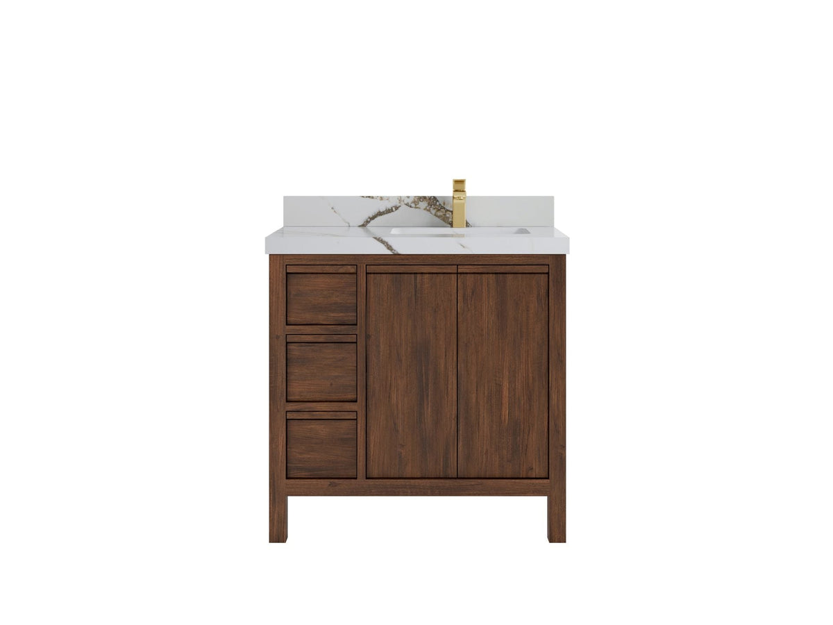 Elizabeth Teak 36 Right Offset in. W x 22 in. D Single Sink Bathroom Vanity in Dark Walnut with 2 in Calacatta Gold Quartz Countertop