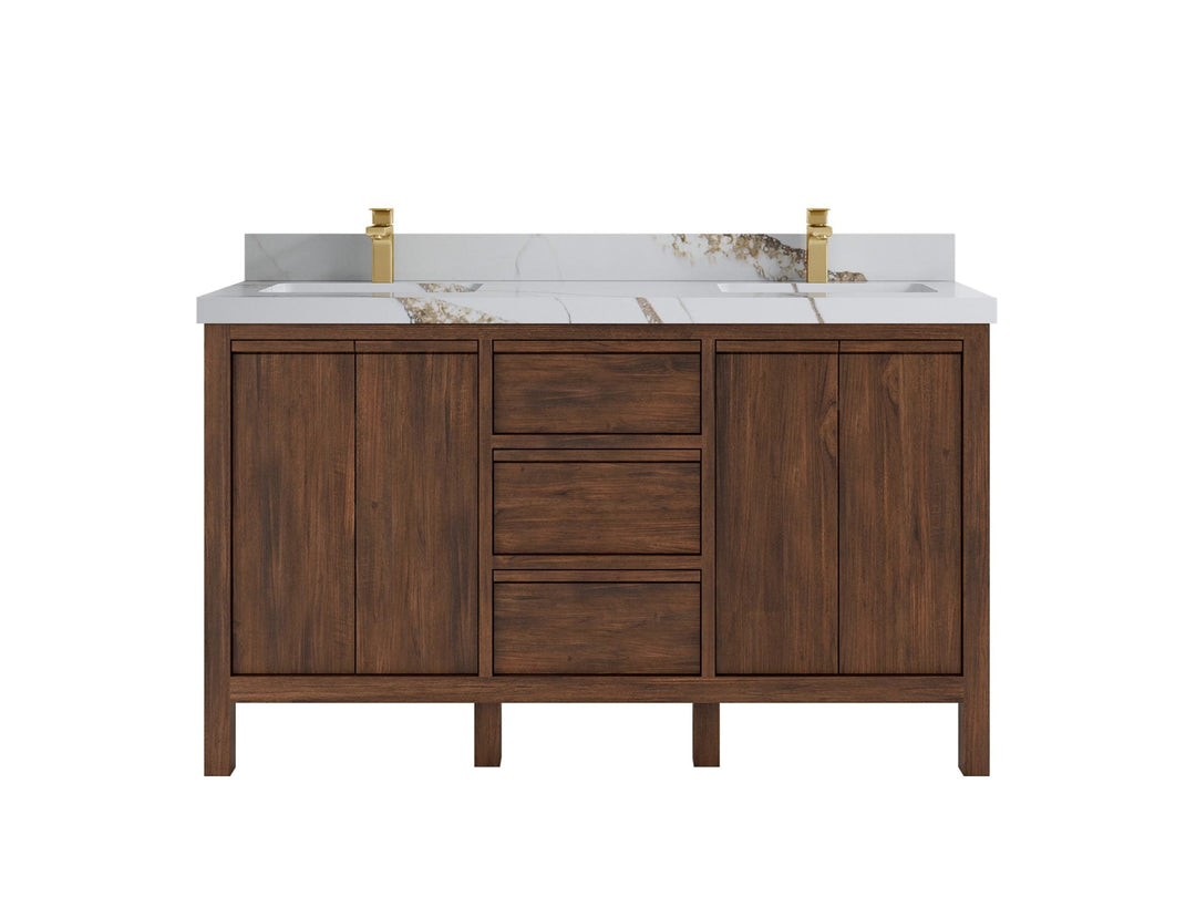 Elizabeth Teak 60 in. W x 22 in. D Double Sink Bathroom Vanity in Dark Walnut with 2 in Calacatta Gold Quartz Countertop