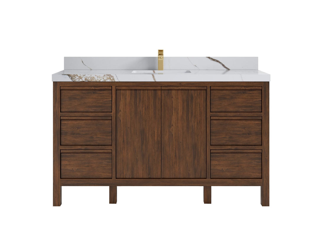 Elizabeth Teak 60 in. W x 22 in. D Single Sink Bathroom Vanity in Dark Walnut with 2 in Calacatta Gold Quartz Countertop