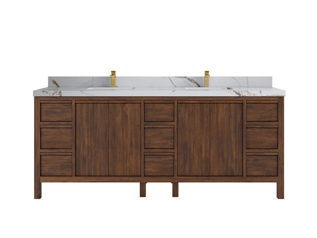 Elizabeth Teak 84 in. W x 22 in. D Double Sink Bathroom Vanity in Dark Walnut with 2 in Calacatta Gold Quartz Countertop