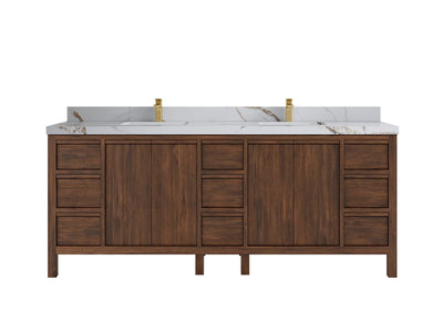 Elizabeth Teak 84 in. W x 22 in. D Double Sink Bathroom Vanity in Dark Walnut with 2 in Calacatta Gold Quartz Countertop