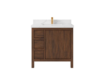 Elizabeth Teak 36 Right Offset in. W x 22 in. D Center Sink Bathroom Vanity in Dark Walnut with 2 in Calacatta Laza Quartz Countertop