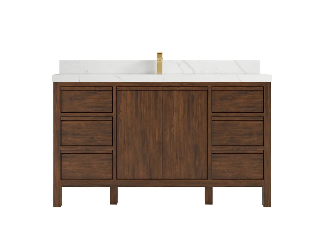 Elizabeth Teak 60 in. W x 22 in. D Single Sink Bathroom Vanity in Dark Walnut with 2 in Calacatta Laza Quartz Countertop