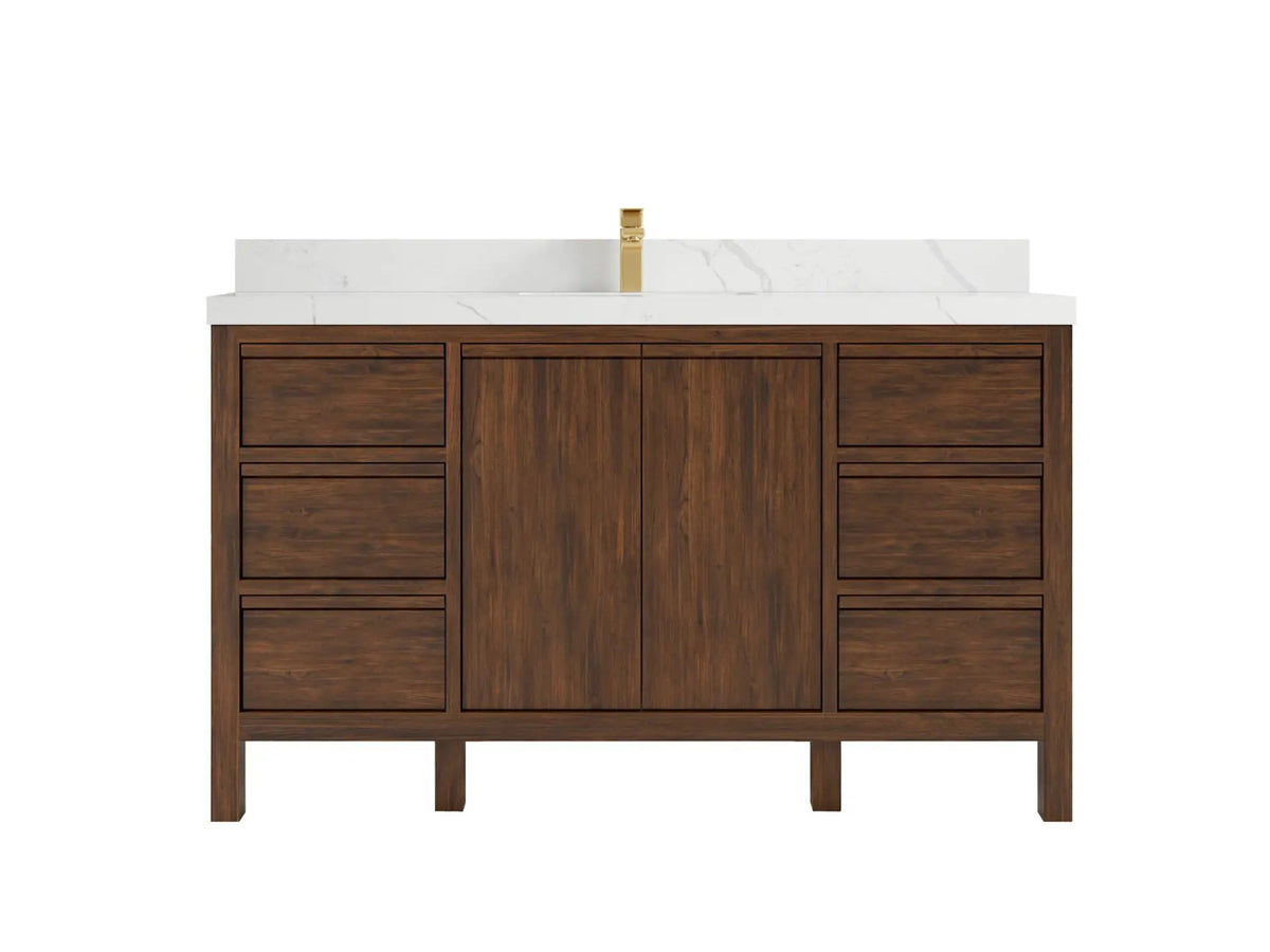 Elizabeth Teak 60 in. W x 22 in. D Single Sink Bathroom Vanity in Dark Walnut with 2 in Calacatta Laza Quartz Countertop