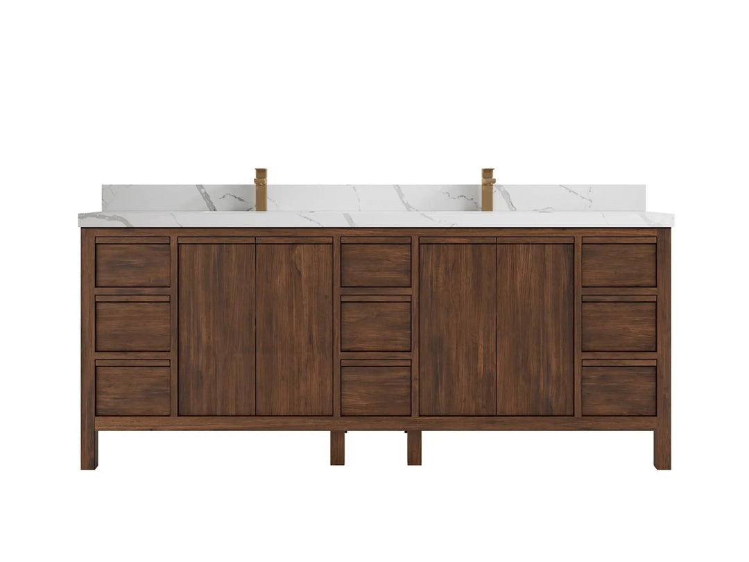 Elizabeth Teak 84 in. W x 22 in. D Double Sink Bathroom Vanity in Dark Walnut with 2 in Calacatta Laza Quartz Countertop