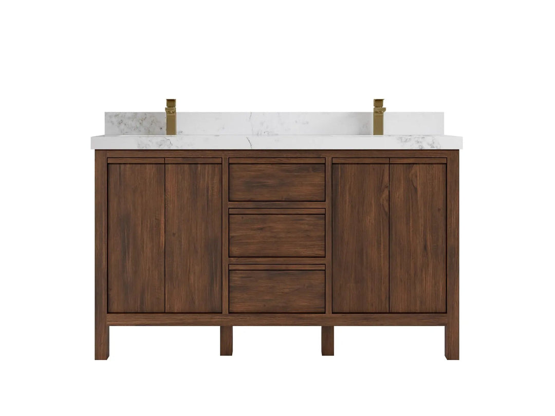 Elizabeth Teak 60 in. W x 22 in. D Double Sink Bathroom Vanity in Dark Walnut with 2 in Calacatta Nuvo Quartz Countertop
