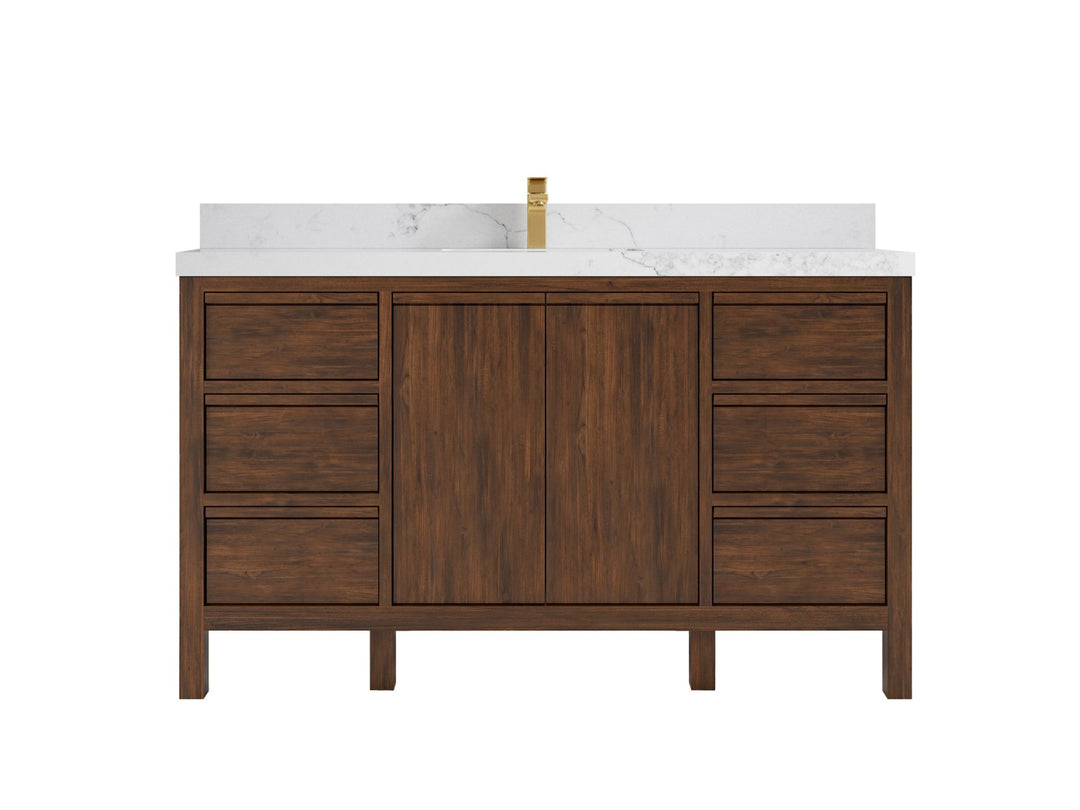 Elizabeth Teak 60 in. W x 22 in. D Single Sink Bathroom Vanity in Dark Walnut with 2 in Calacatta Nuvo Quartz Countertop