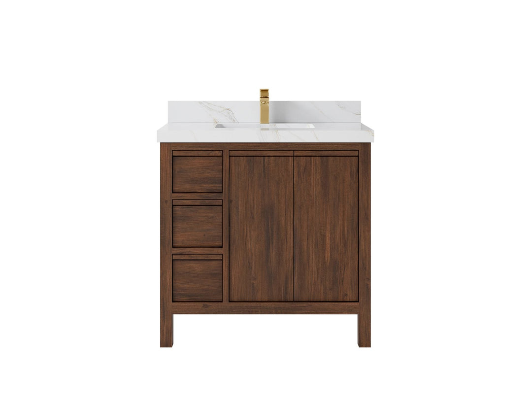 Elizabeth Teak 36 Right Offset in. W x 22 in. D Center Sink Bathroom Vanity in Dark Walnut with 2 in Calacatta Sienna Quartz Countertop
